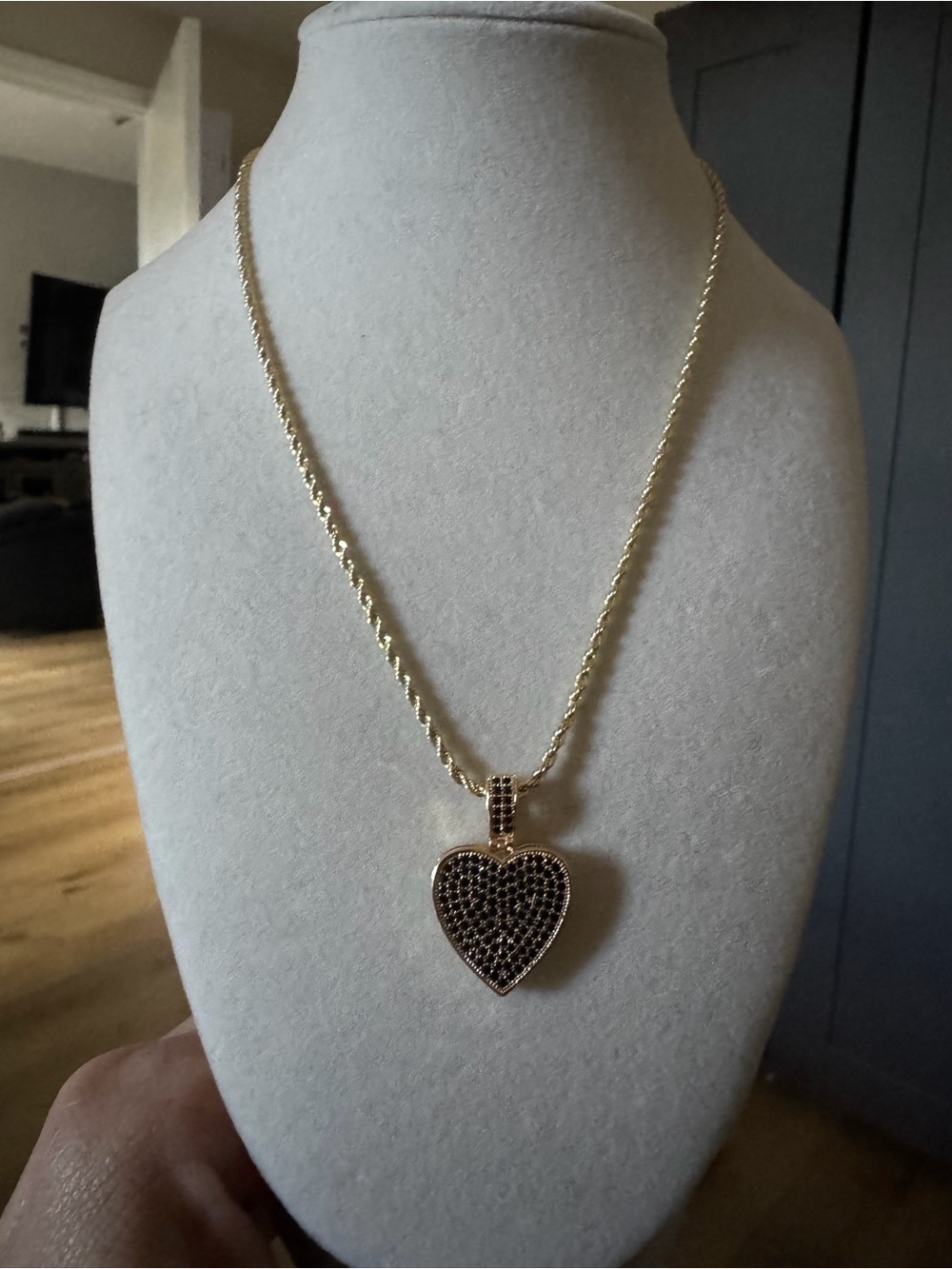 Gold Heart Pendant Necklace with Black Pavé Stones - Women Jewelry